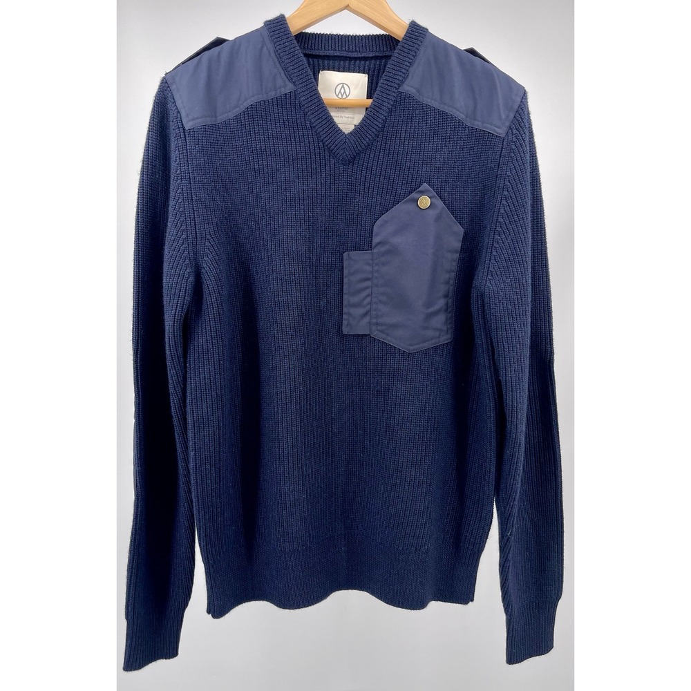 Alps & Meters Sweater Mens M Navy Merino Wool Alpine Guide V Neck Ribbed